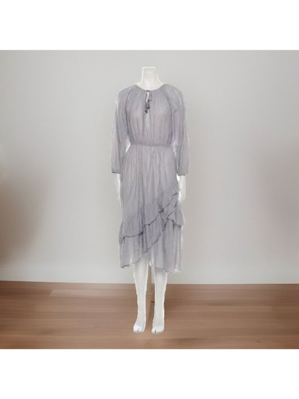 Ulla Johnson Poplin Midi Dress Sz M Gray Ruffle Hem Cottagecore Romantic Boho